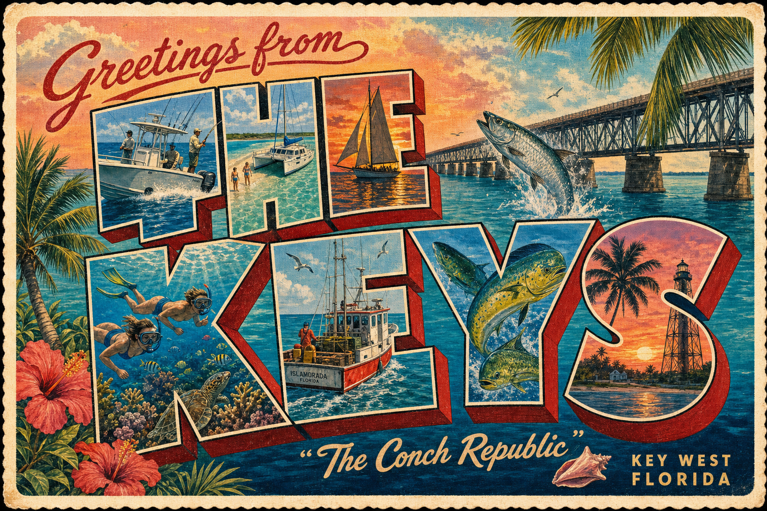 Greetings from The Keys — painted vintage postcard